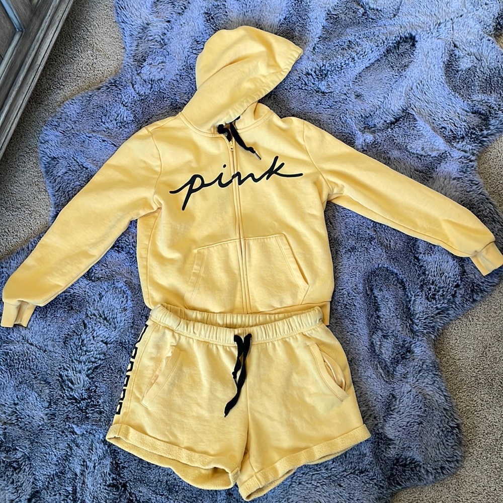 PINK lounge set in yellow shorts and hoodie